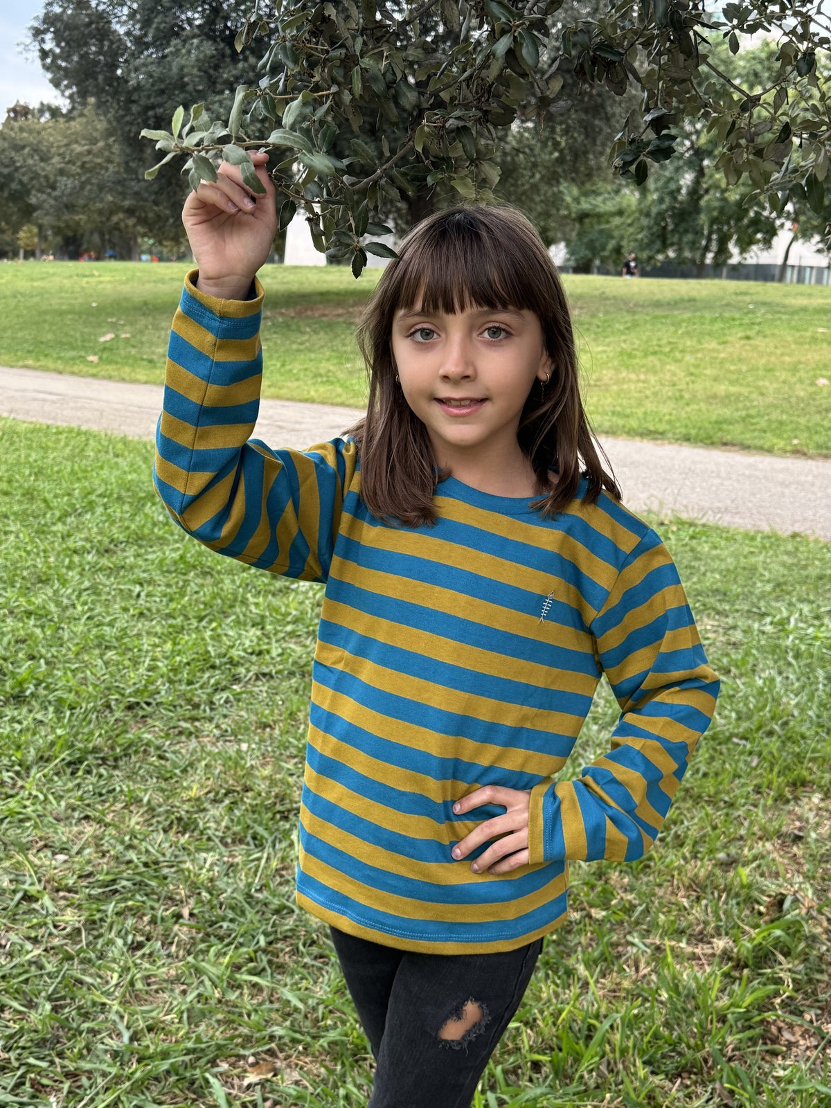 Camiseta Risca mostaza y azul Kids